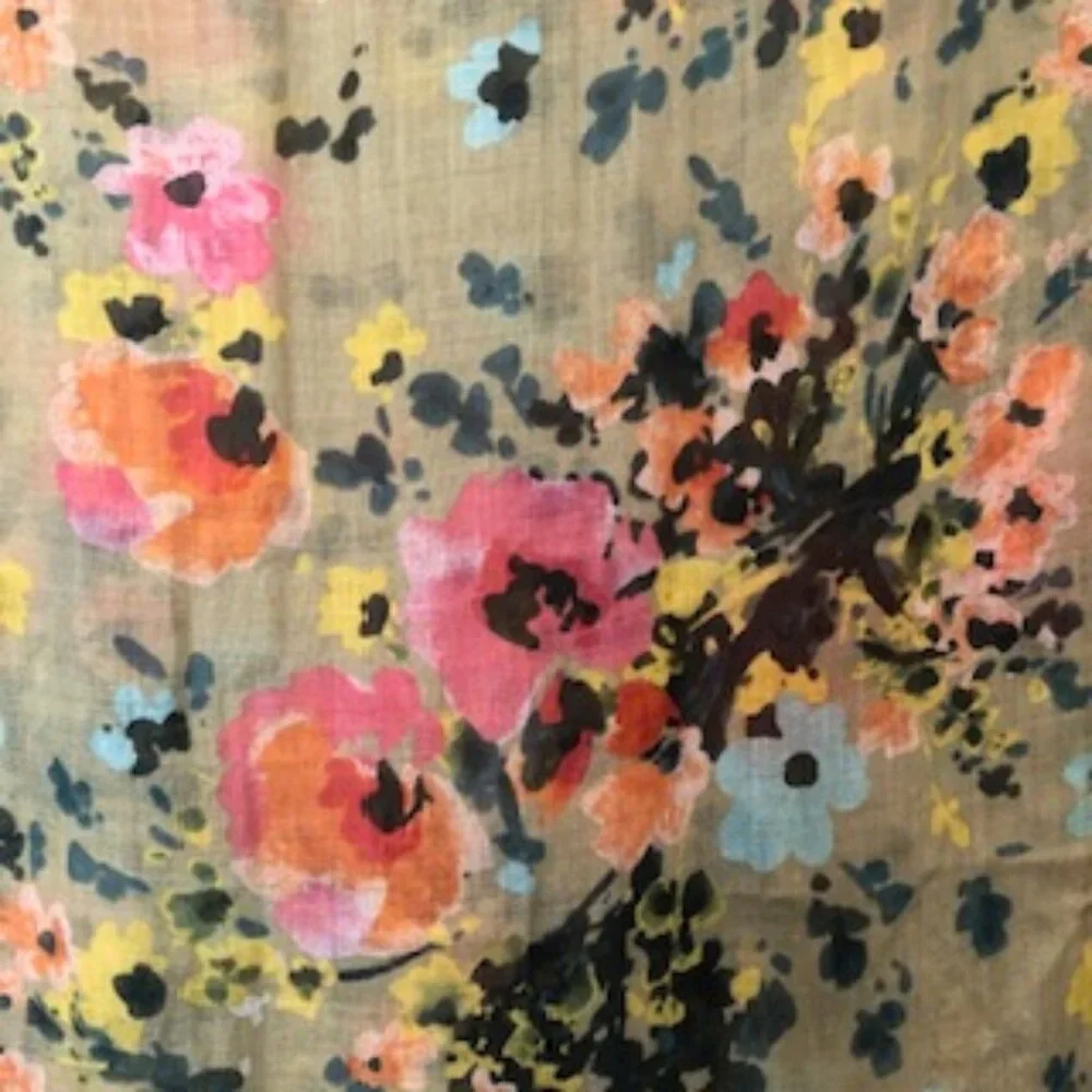 3/$15 Vintage Oversized Woven Scarf Wrap Floral Fringe Tan Pink Coral